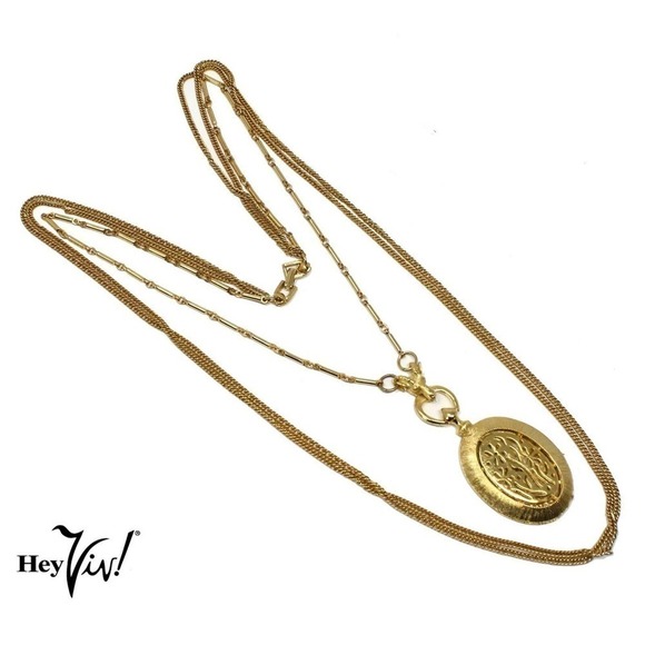 Vintage Ornate 32" Long Multi Chain Statement Necklace w Oval Pendant - Hey Viv - Picture 4 of 6